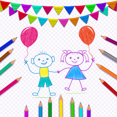 School supplies on copybook sheet background. Girl and boy. Pencils, flags on vector backdrop. Back to school concept.