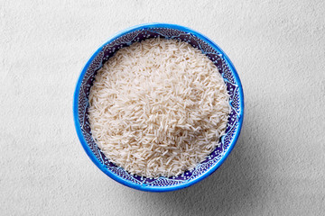 Basmati rice bowl viewed from above. Top view