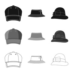 Isolated object of headgear and cap logo. Collection of headgear and accessory stock vector illustration.