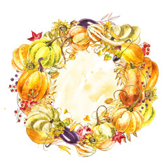 Autumn leaves and pumpkins wreath with space text on white background. Seasonal floral maple oak tree orange leaves with gourds for thanksgiving holiday, harvest decoration watercolor design.