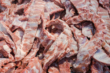 Raw pork rips in supermarket