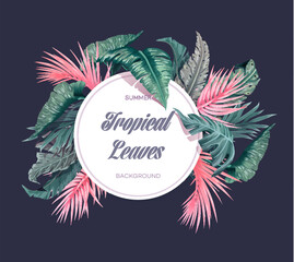 Obraz premium Bright tropical background with jungle plants. Exotic pattern with palm leaves. Vector illustration