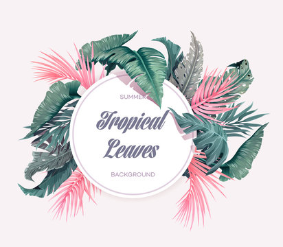 Bright tropical background with jungle plants. Exotic pattern with palm leaves. Vector illustration