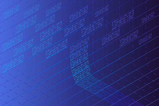 Vector abstract big data visualization. Blue glowing data flow as binary numbers. Computer code representation. Cryptographic analysis, hacking. Bitcoin, blockchain transfer. Pattern of program code