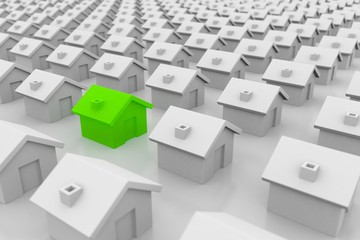 Intelligent house with green energy stands out from the rest. 3D rendering.