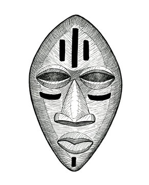 african wooden mask, vintage hand drawing
