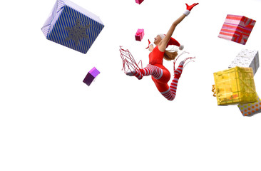 A young girl wearing a Santa Claus  hat shows her happy  feelings for Christmas with jumping up in mid air performing  gymnastic poses. Christmas presents fly all around her from  everywhere.