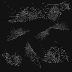 Collection of Cobweb, isolated on black, transparent background. Spiderweb for Halloween design. Spider web elements,spooky, scary, horror halloween decor.
