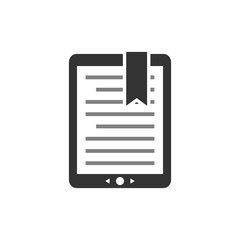 Touchpad ebook, e-reader display with text and bookmark. E book concept vector icon. Tablet e-book symbol.