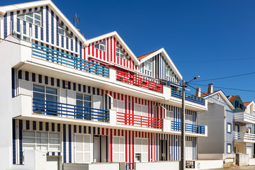 Colorful striped house facades in Portugal