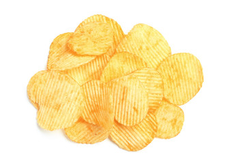 Tasty ridged potato chips on white background