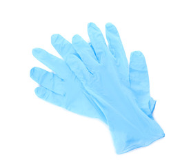 Protective gloves on white background, top view. Medical item