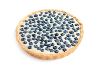 Tasty blueberry cake on white background
