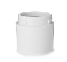 Open jar of cosmetic cream on white background
