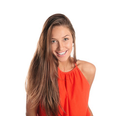 Portrait of beautiful young woman laughing on white background