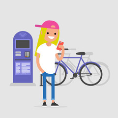 Young character using a mobile bike rental application. Urban transport system. Flat editable vector illustration, clip art. Active lifestyle