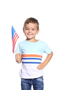Little boy with American flag on white background