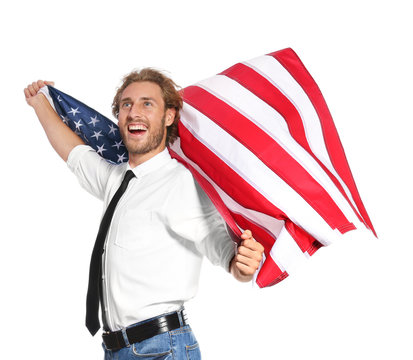 Young man with American flag on white background