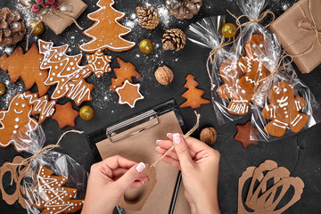 Christmas cookie tree made with star cookie cutter gingerbread new year pastry decorated with rope...
