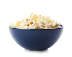 Bowl with delicious fresh popcorn on white background