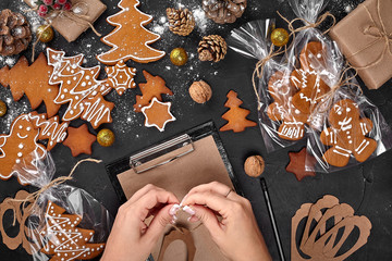 Christmas cookie tree made with star cookie cutter gingerbread new year pastry decorated with rope...