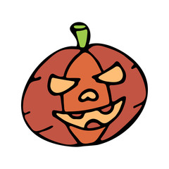Happy halloween color vector icon with pumpkin head. Trick or treat. Cute naive doodle, spooky element. Graveyard, monster, fall celebration. Witchcraft and magic art. Vector illustration. Background.