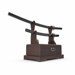 Double Katana Sword Stand With Drawer. 3D Illusration, render, isolated, white background