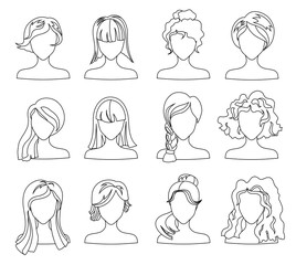 Hairstyle silhouette set. Woman, girl, female hair, face for coloring book. Beauty Vector, flat avatars