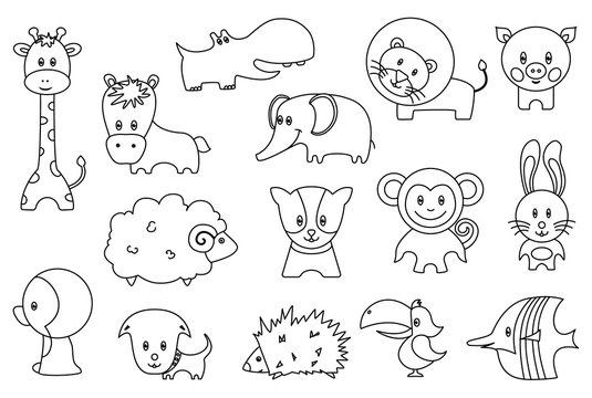 Cute wild and domestic animals cartoon stickers or icons set. Funny lion, bird, pig, giraffe, hedgehog, parrot, penguin, monkey, rabbit, sheep, horse, puppy, behemoth, elephant isolated flat vectors