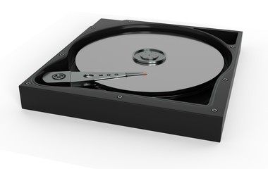 Fototapeta premium Closeup inside a hard disk drive HDD, magnetic surface and data reading mechanism 3d illustration