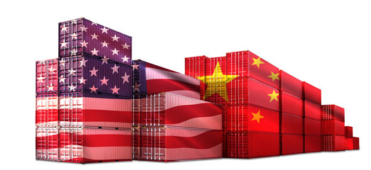 Trade war tariffs China and America concept. Red Shipping Cargo ship business Container import and...
