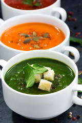 assortment of fresh vegetable cream soup on a black background