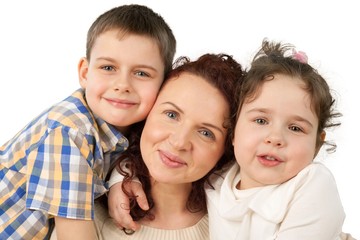 Mother with two children isolated on white background