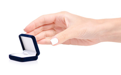 Jewerly box for ring in hand on white background isolation