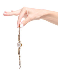 Female watch in hand on white background isolation