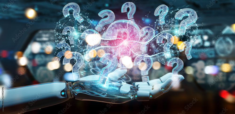 Aufkleber cyborg solving problem with digital question marks 3d rendering