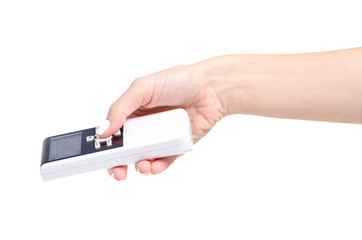Remote control from air conditioner in hand on white background isolation