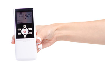 Remote control from air conditioner in hand on white background isolation