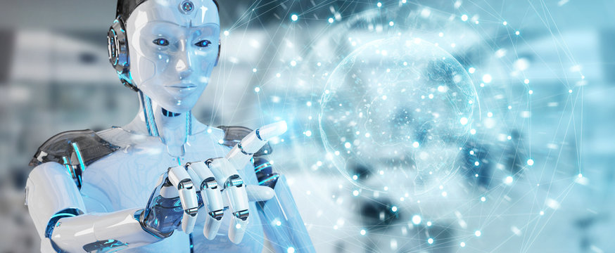 White woman robot using digital screen interface 3D rendering