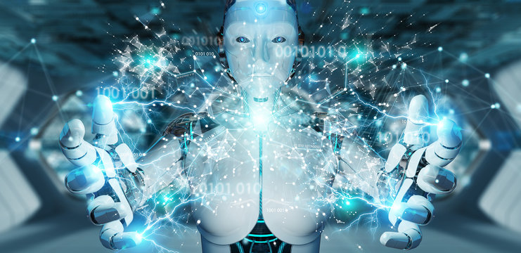 White woman humanoid using digital globe hud interface 3D rendering