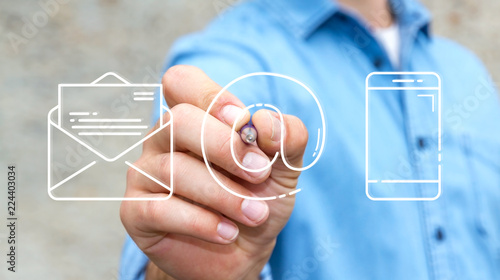 Businessman drawing thin line contact icon