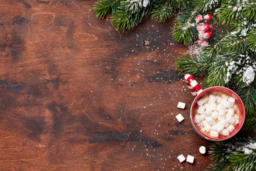 Christmas fir tree and hot chocolate with marshmallow