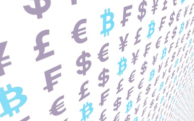Bitcoin and currency on a white background. Digital Cryptocurrency symbol. Business concept. Market Display. 3D illustration