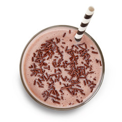 Chocolate milkshake top view isolated on white