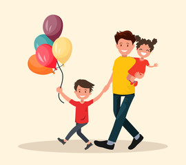 Paternity. Father with son and daughter have fun.