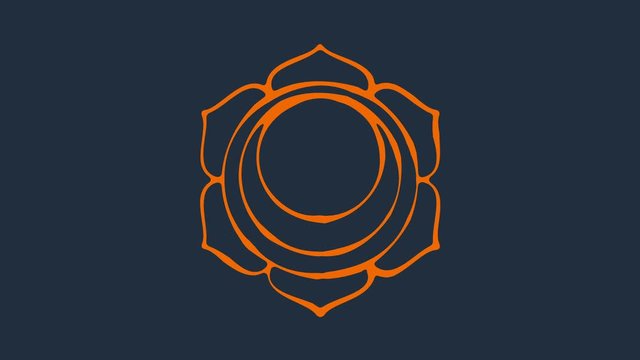 Animated chakra svadhisthana. The second symbol is orange. 6 petals of lotus in the stroke. Isotherics. Yoga icon. Om sign