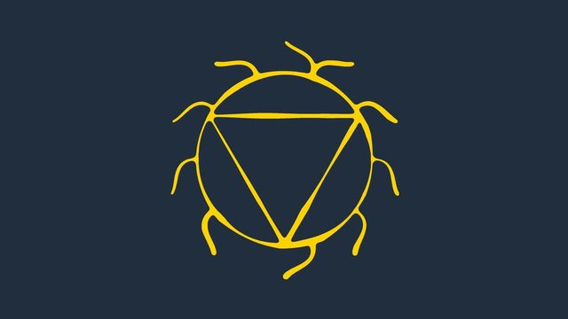 Animated chakra Manipura. The third symbol is gold. 10 petals of lotus in the stroke. Isotherics. Yoga icon. Om sign