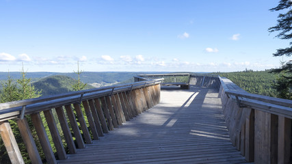 Nordschwarzwald in Süddeutschland. Freudenstadt-Kniebis. Aussichtsplattform am Ellbachseeblick und Mitteltal im Hintergrund