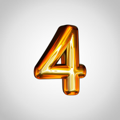 Golden number 4 with fire reflection isolated on white background