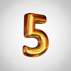 Golden number 5 with fire reflection isolated on white background